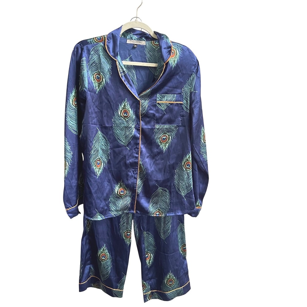 Their Nibs Pajama Set Women Medium Blue Peacock Feather Satin Luxe Loungewear